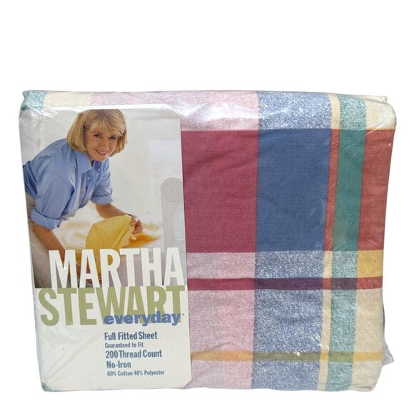 Martha Stewart Full Fitted Sheet Pastel Plaid Light Madras Rose Vintage New - Picture 1 of 9